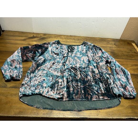 Anthropologie Faustine Velvet Peasant Blouse Medium Green Pink Oversized Boho - Picture 2 of 13